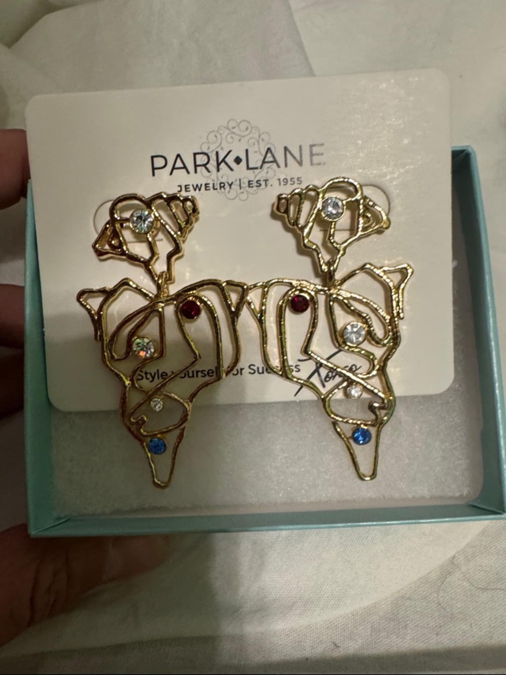 Park Lane Gold-tone Floral Openwork Earrings with Clear, Red and Blue Stones